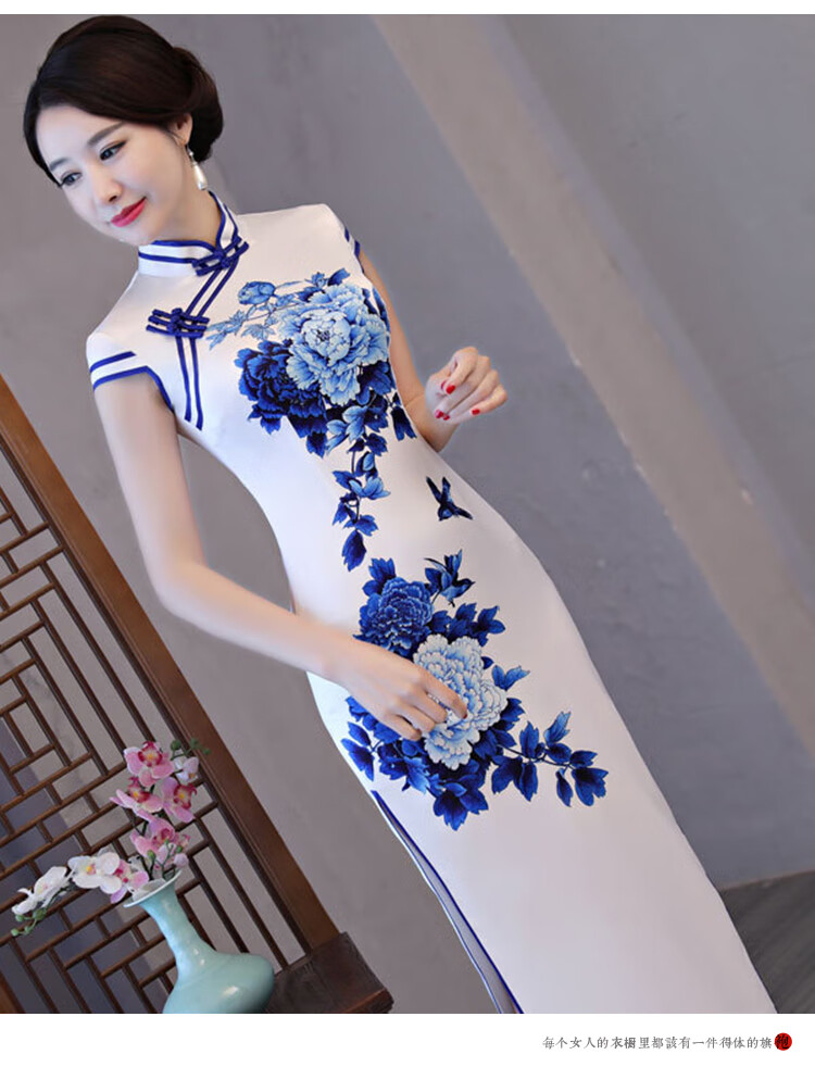 青花瓷旗袍长款中国风走秀演出服夏季改良版连衣裙轻款少女 白色1