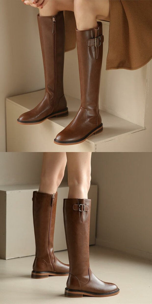 森马senma长筒靴女全真皮棕色长筒骑士靴2022秋冬加绒不过膝高筒靴女