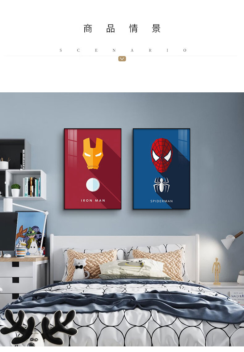 良木漫威英雄儿童房卡通装饰画男孩房间蜘蛛侠钢铁侠卧室床头墙面挂画