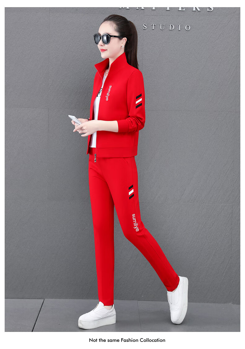 文夕休闲运动套装女春季气质运动服中国红运动套装女2022春季新款红衣