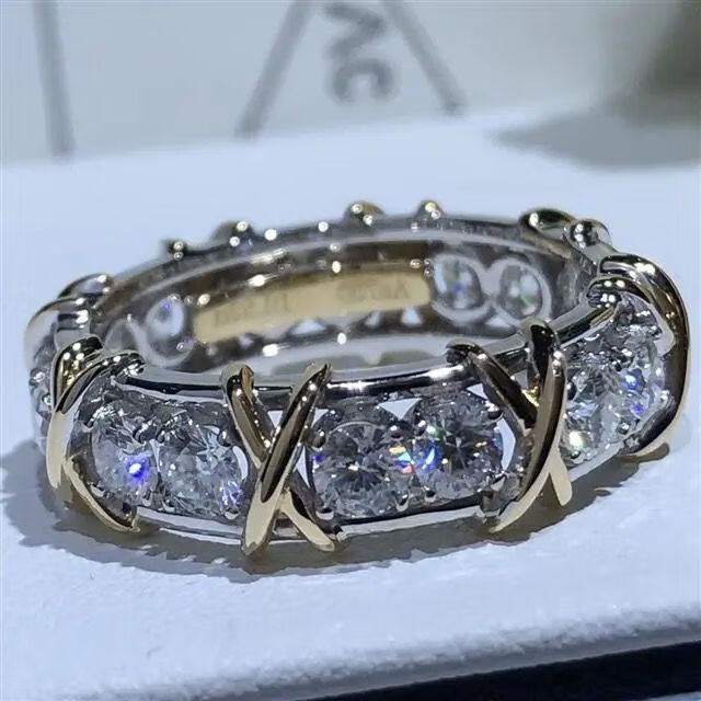 美国进口莫桑钻石排钻戒指交叉x双色男女同款结婚订婚对戒 美码11号
