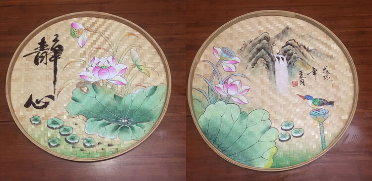 手绘竹编簸箕画手工装饰筐绘画成品创意筛子制品工艺品挂摆件定做
