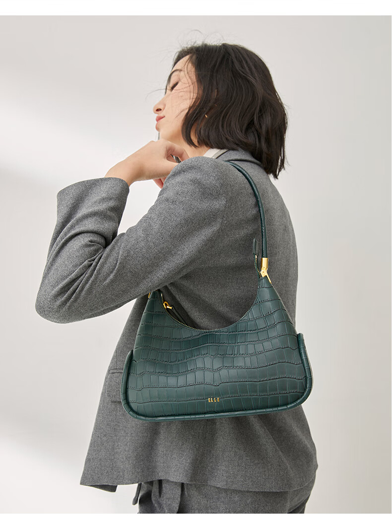 elle包包女包鳄鱼纹质感简约大气轻奢时尚通勤单肩腋下包22098拿铁棕