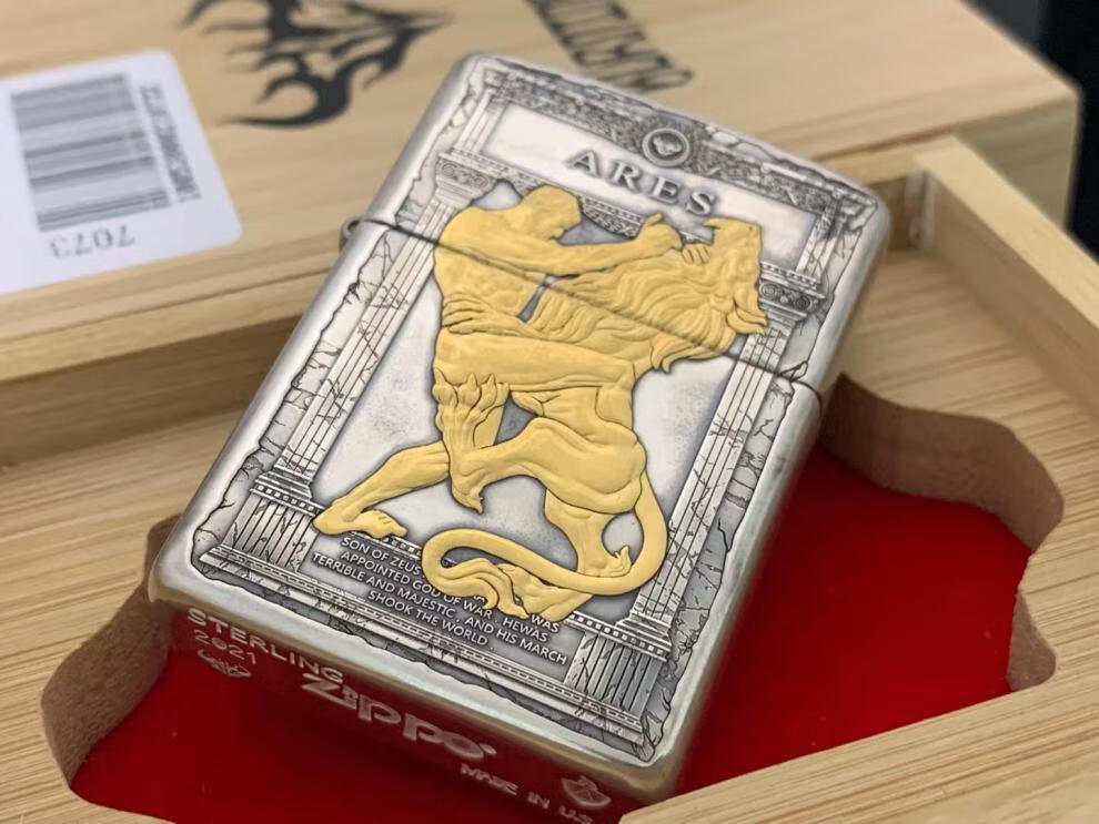 zippo蚊版纯银盔甲烫金錾金阿瑞战神嵌保真蚊子牛头正品收藏 纯银盔甲