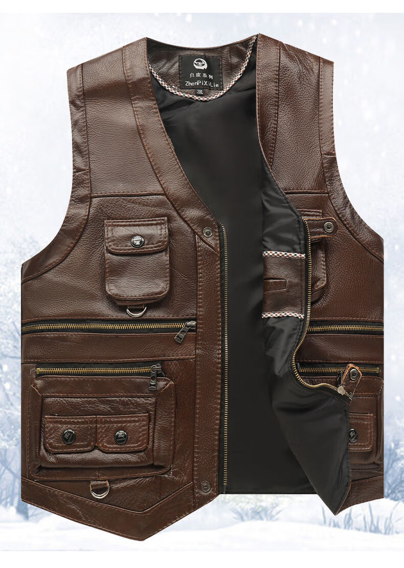 皮马甲男真皮男皮衣真皮马甲男头层牛皮马夹中老年多兜春秋冬季爸爸装