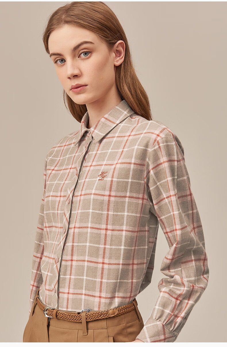 【商场同款】哈吉斯hazzys 冬季新品衬衫女磨毛中格子宽松长袖衬衫a