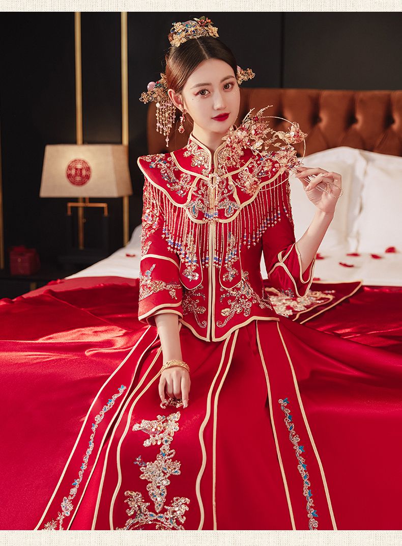 服2022新款夏季结婚中式新娘服高端大气秀禾婚服龙凤褂秀和服红色s