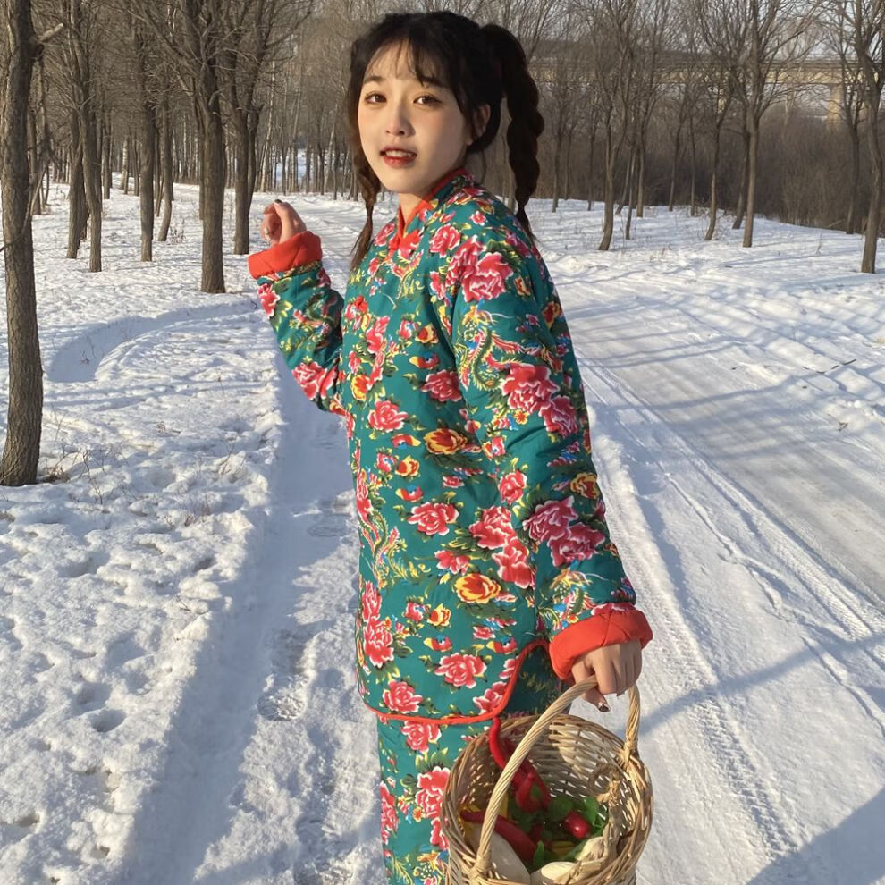视频同款东北大花布民族风套装棉袄棉裤大花袄加厚棉衣女冬长袖大棉袄