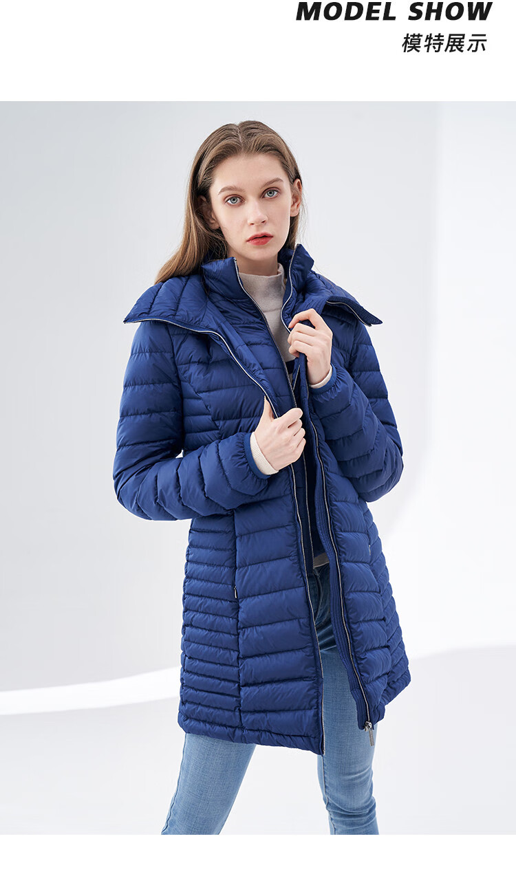 dkny女装连帽立领收腰假两件中长款女式羽绒服藏青色xs