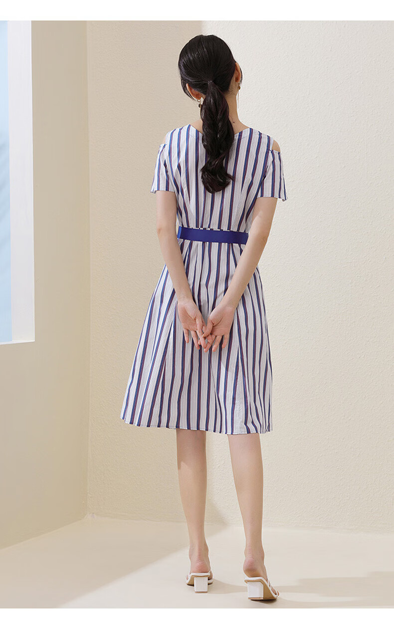 熙然夏季新款v领气质绑带收腰撞色竖条纹露肩连衣裙纯棉裙子蓝色条xl