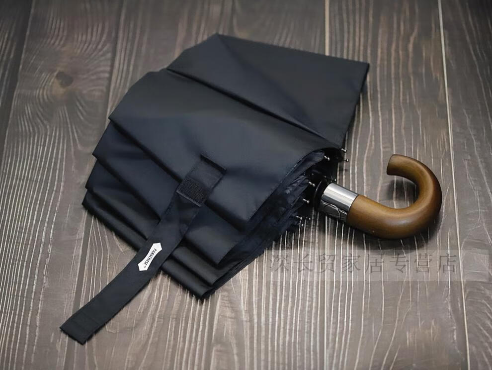 parachase英伦复古十骨木弯柄折叠自动遮阳防晒晴雨伞定制logo藏青色