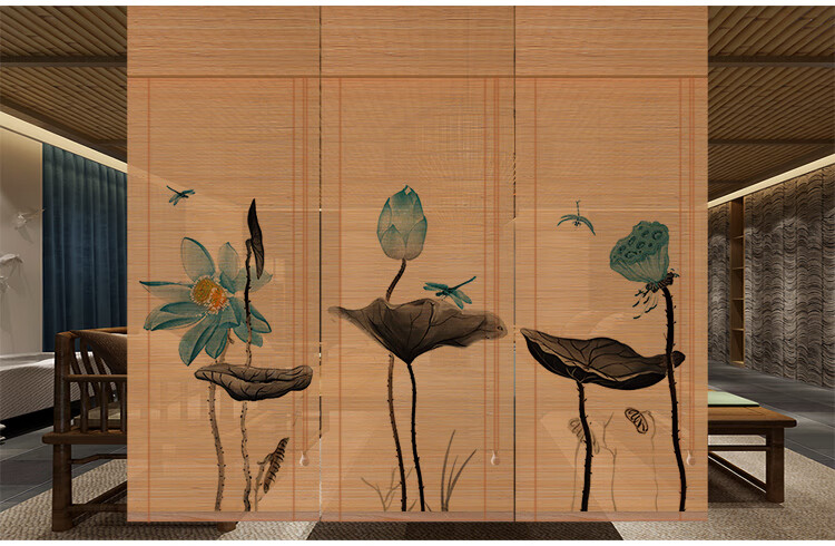 米囹竹帘子门帘窗帘卷帘家用隔断装饰印花遮阳茶道升降阳台新中式山水