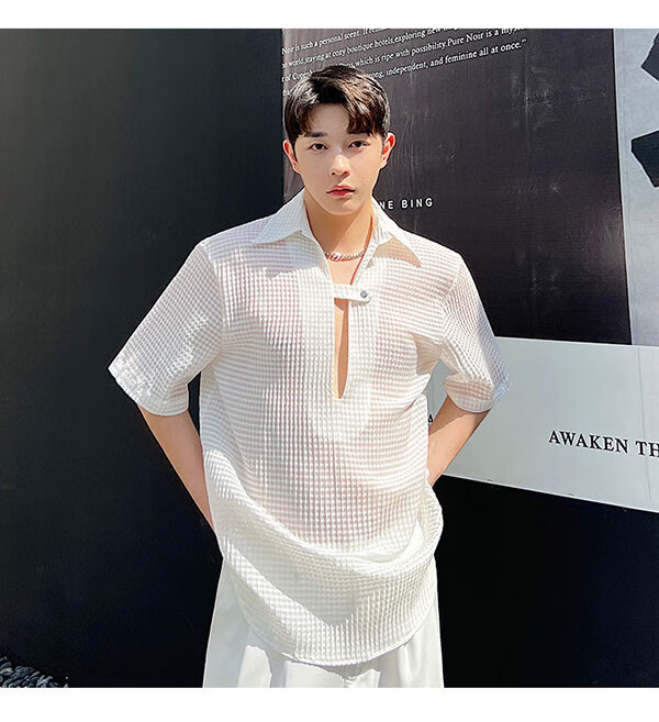 yxsh纹短袖衬衫男深v领暗扣个性痞帅感衬衣发型师潮黑色m