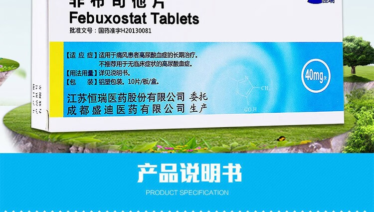 恒瑞 瑞杨 瑞扬 非布司他片 40mg*10片/盒 2盒装【图片 价格 品牌