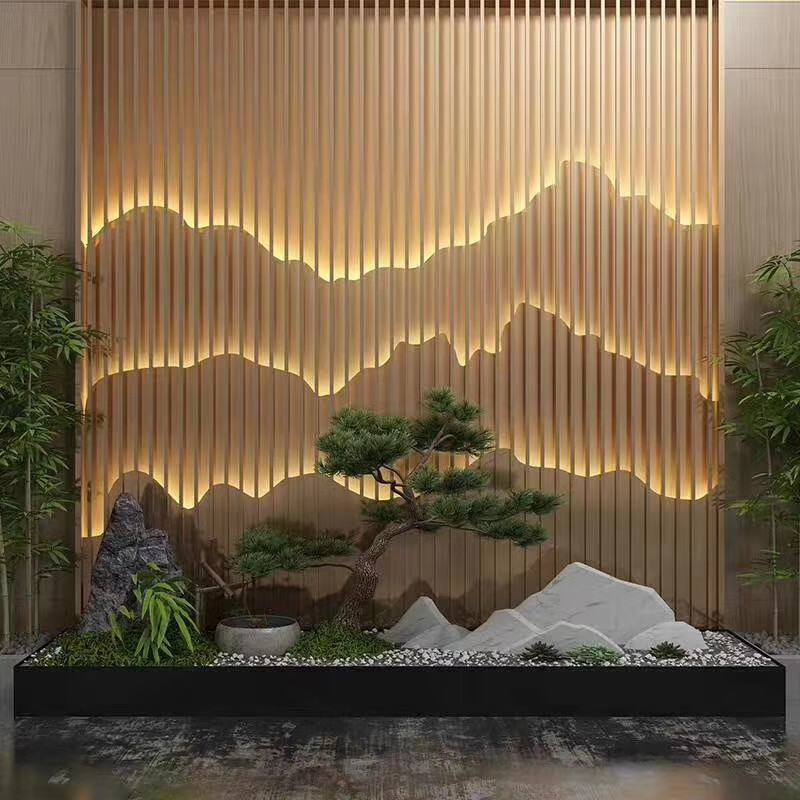 不锈钢屏风假山背景墙不锈钢屏风隔断假山室外庭院金属背景墙定制山水