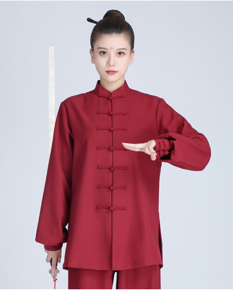 秋冬季太极服 棉麻太极服高端加绒加厚保暖表演太极拳武术服装 酒红色