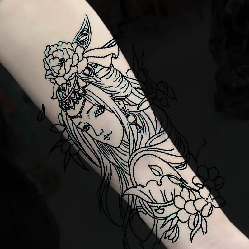 纹身贴花臂割线虞姬线条刺青色艺花臂小腿纹身贴貂蝉滴泪艺伎纹身防水