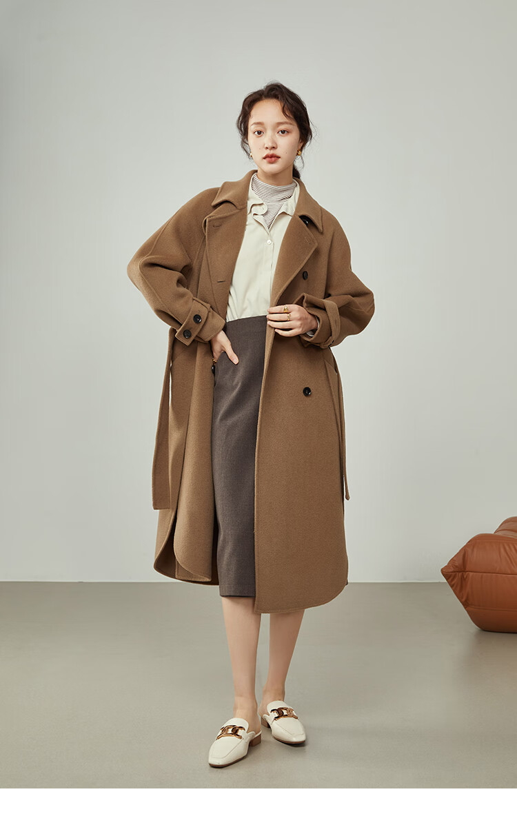 范思蓝恩2021冬装新款韩版气质柔美双排扣双面呢大衣时尚显瘦外套z214