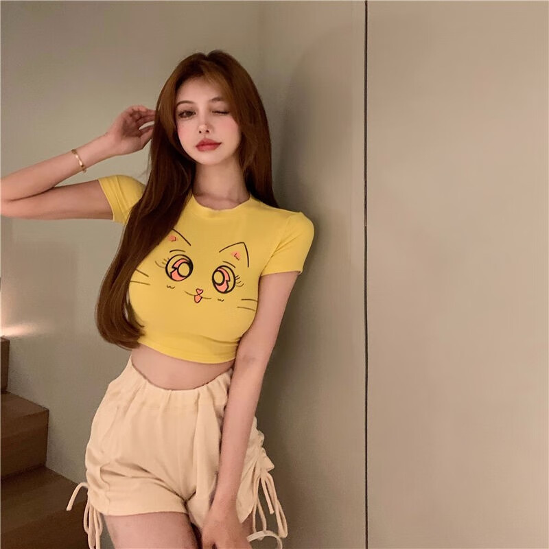 3d大眼睛t恤女直播上镜好看衣服短袖短款紧身性感纯欲上衣显胸大 512