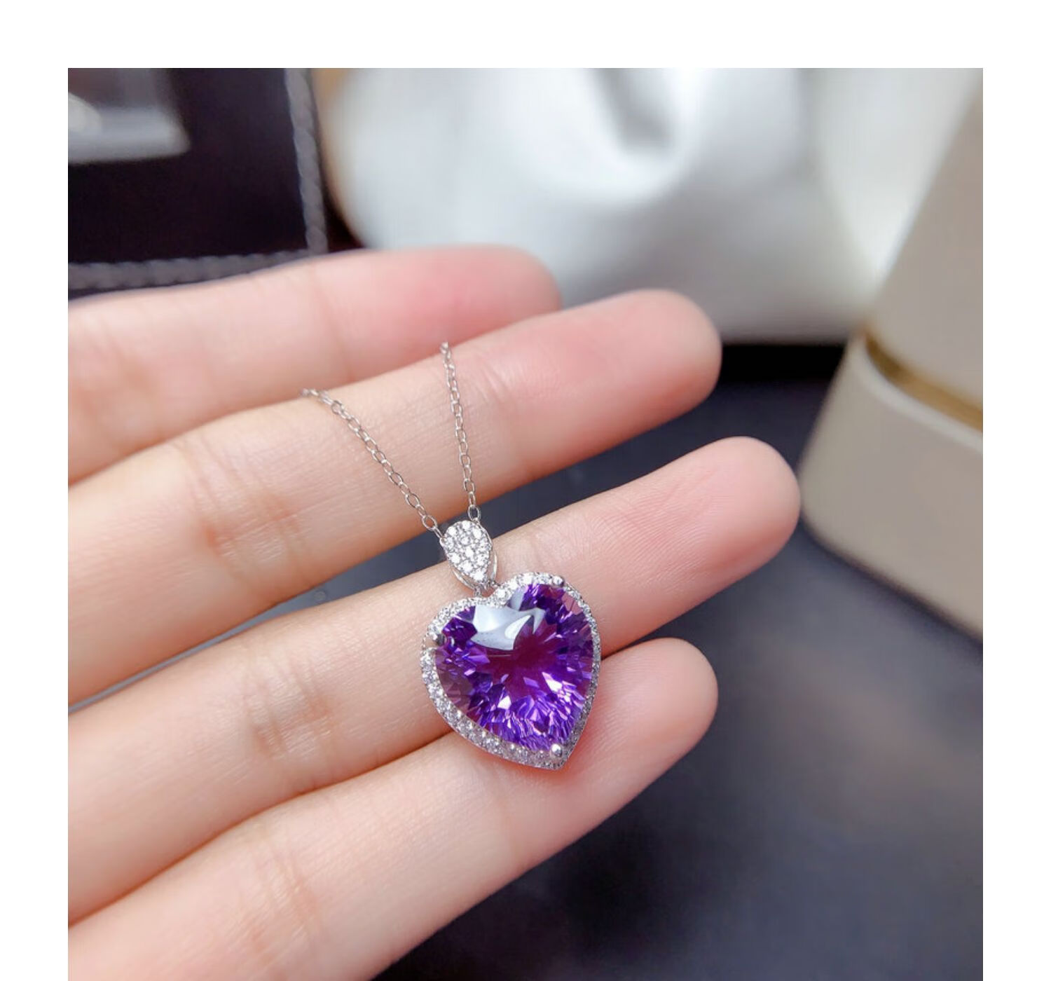 钻芙妮天然紫水晶吊坠女s925银项链千禧切工心形紫晶