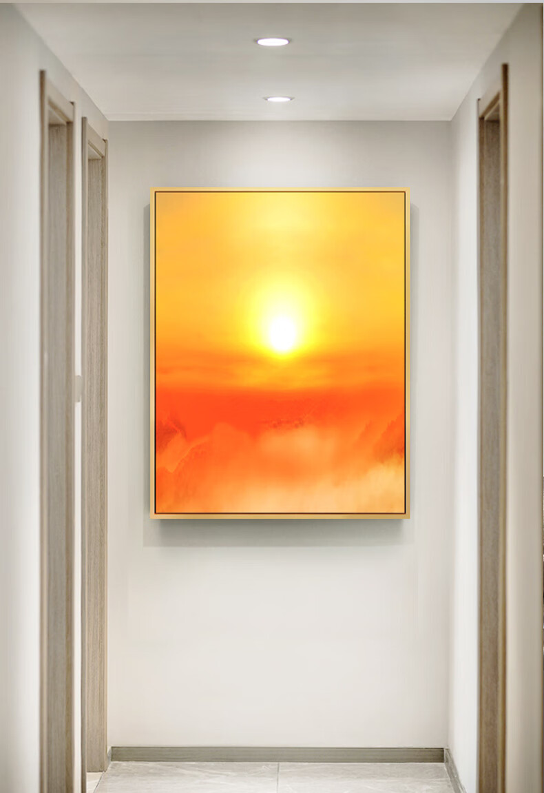 皓涛纯手绘油画玄关新中式红太阳走廊竖版走廊挂画旭日东升画t款尺寸