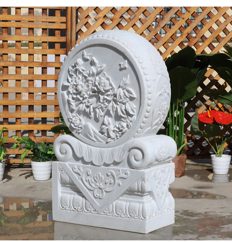 汉白玉门墩新中式庭院抱鼓石门当石雕牡丹款徽派传统古建定制福寿款