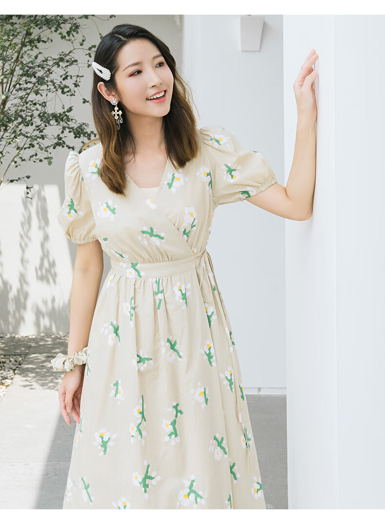阿依莲度假风围裹式系带连衣裙趣味减龄附赠同款发圈夏新款卡其s