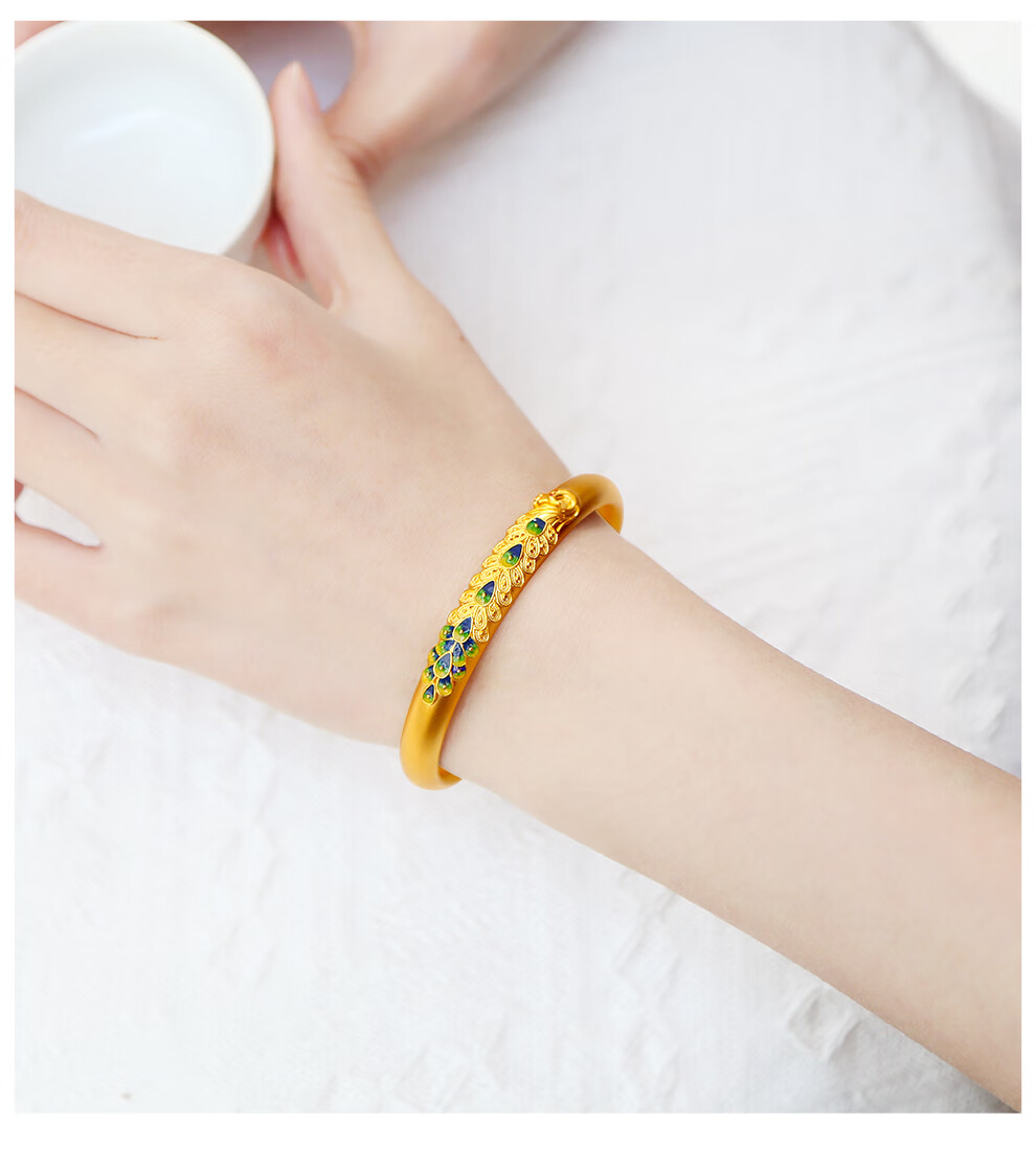 古法黄金手镯 足金999凤凰手镯闭口传承实心金镯子 女士素圈手环 珐琅