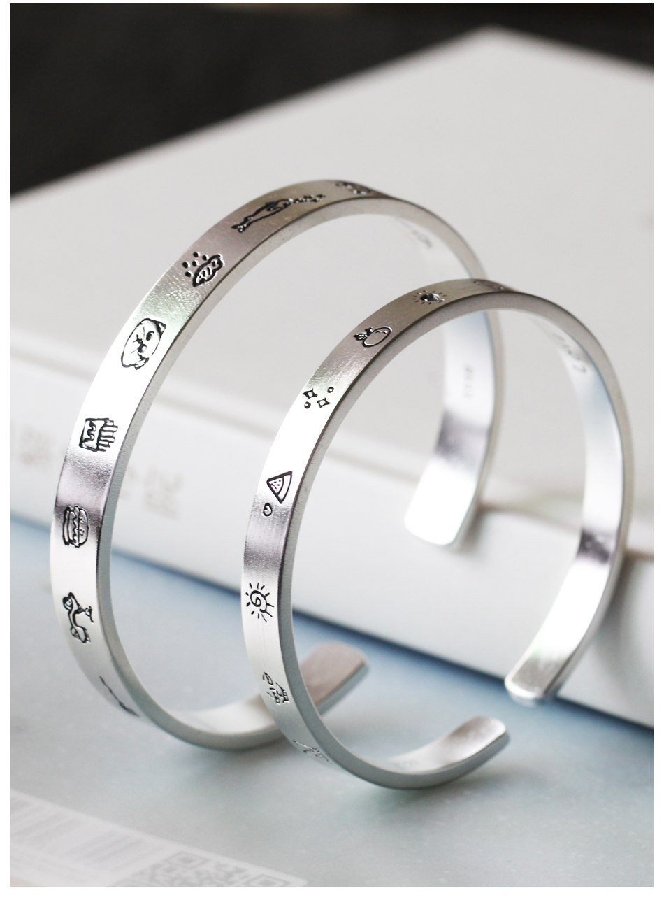 999足银情侣手镯一对男女diy涂鸦定制刻字图案七夕520礼物1315女款