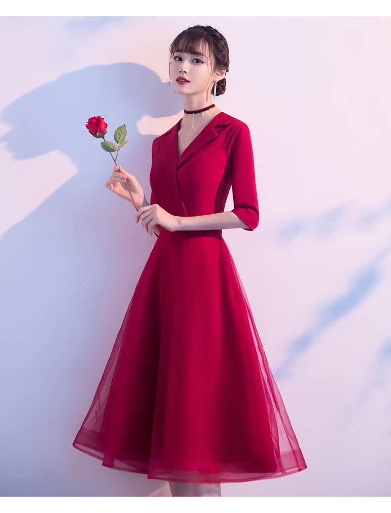 矮小个子冬季晚礼服女生修身红色敬酒服新娘2020新款平时可穿小个子