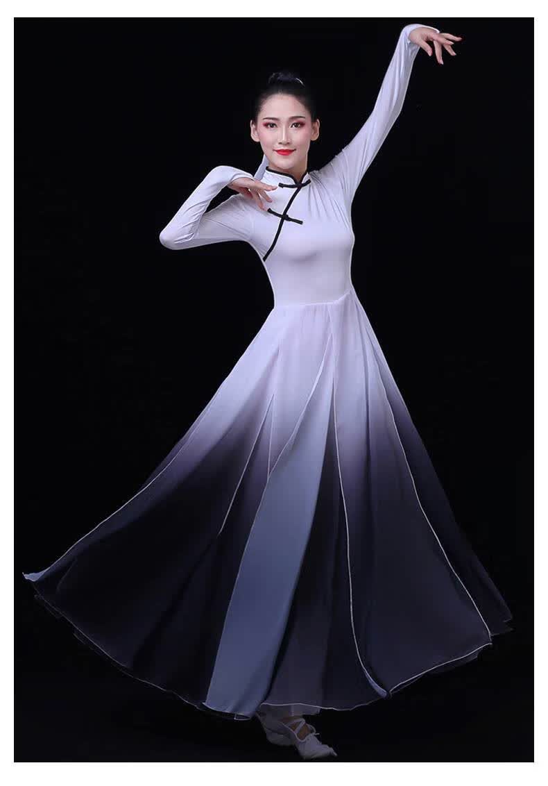 古典舞演出服女现代舞中国风水墨汉服开场舞大摆裙舞蹈服装练功服 白