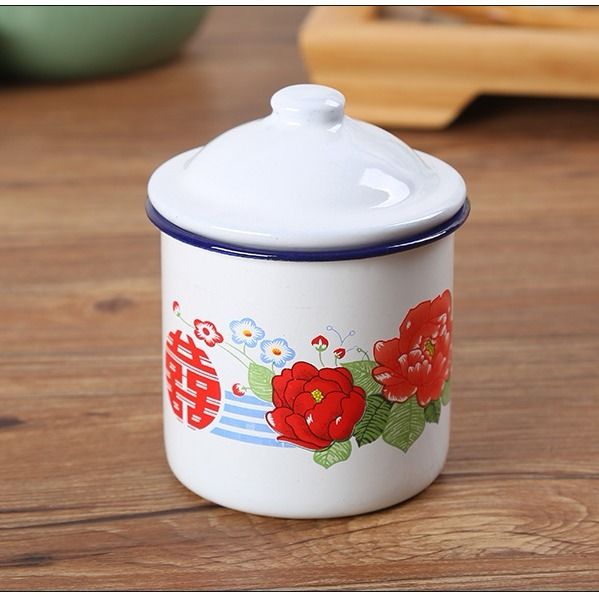 怀旧经典双喜字花搪瓷杯老式铁茶缸子复古老干部大容量带盖水杯 10