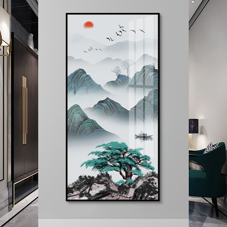 欣妍阑珊入户玄关装饰画山水画走廊过道挂画酒店新中式墙面壁画水墨