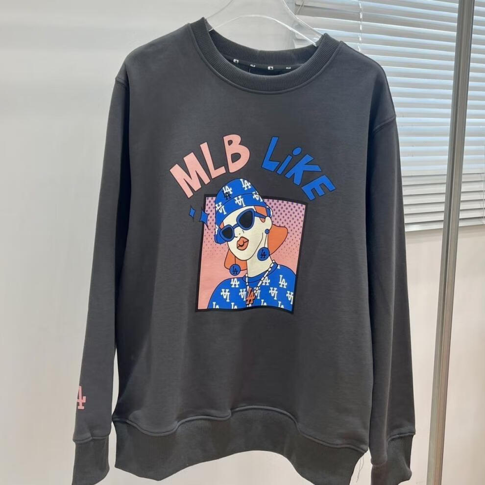 mlb韩国洋基队ny卡通图案印花男女情侣卫衣like漫画套头衫宽松版 粉红