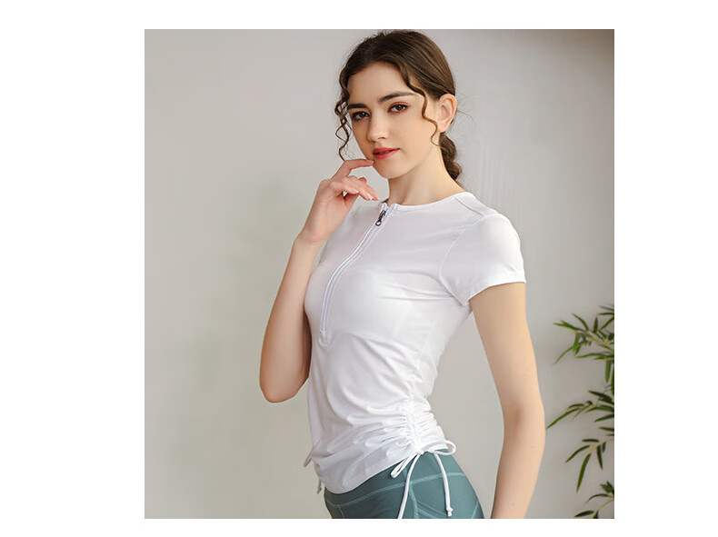 春夏新款瑜伽服上衣女拉链抽绳运动短袖t恤上衣纯色速干跑步健身服女