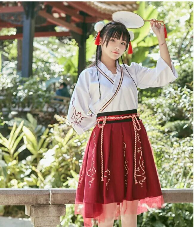 古风短裙改良日常汉服套装舞蹈女学生短款红色广袖寄明月舞蹈服秋红色