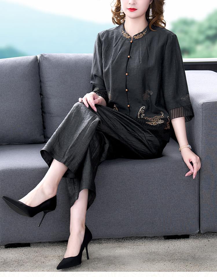 高端轻奢中老年女装妈妈夏装套装香云纱上衣女两件套阔太太仿真丝上装