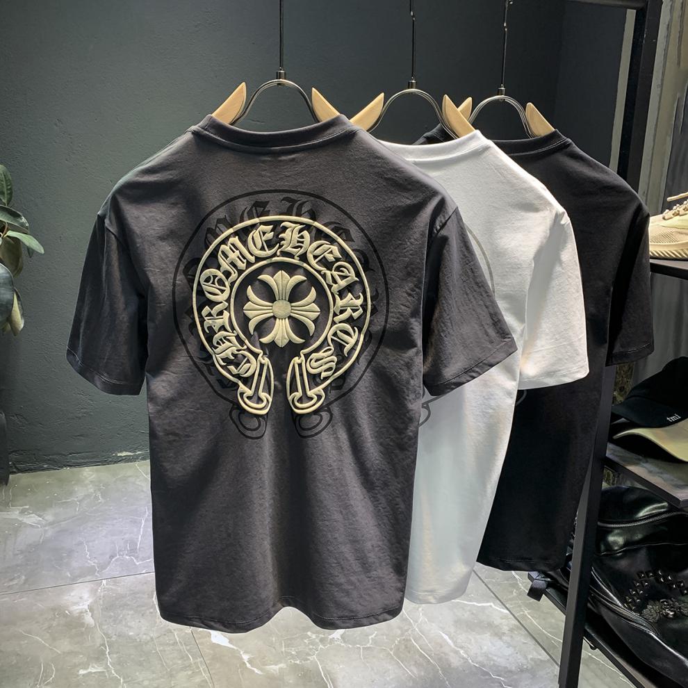 克罗心ch马蹄十字架梵文潮短袖t恤男装新款潮牌夏季潮流体恤重影印花