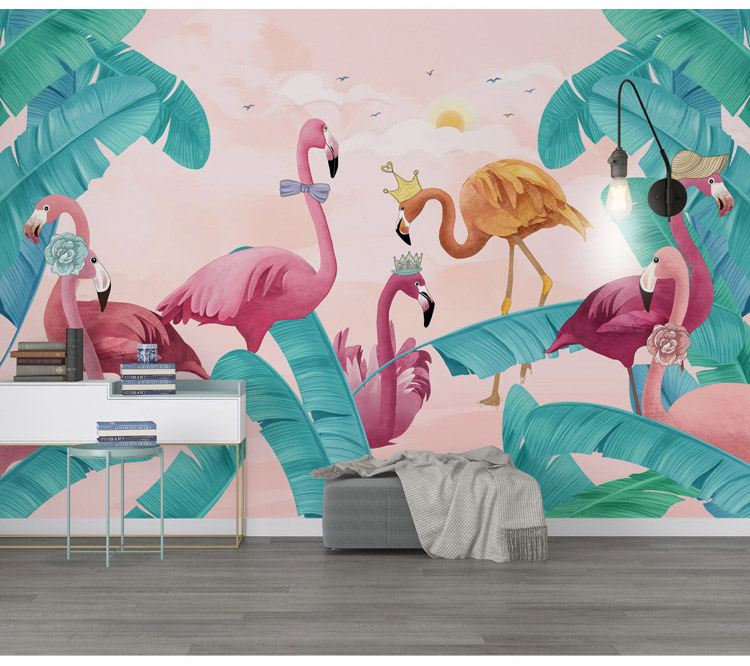 墙画贴纸自粘墙纸墙壁贴画火烈鸟墙贴网红少女心床头装饰壁画9117小