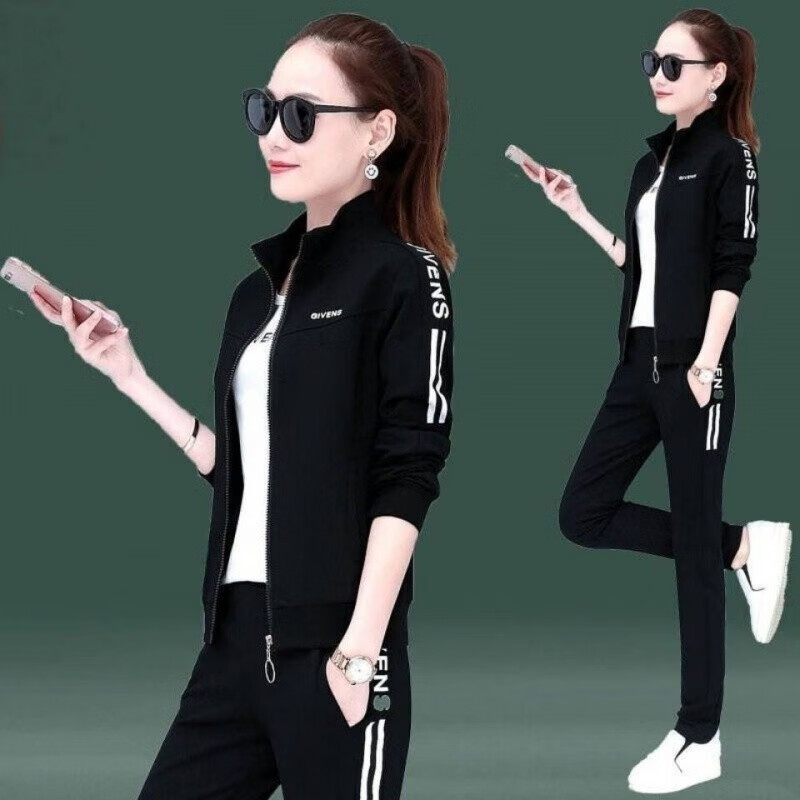 春秋款长袖运动休闲套装女含棉运动套装女秋新款时尚女士春秋宽松休闲