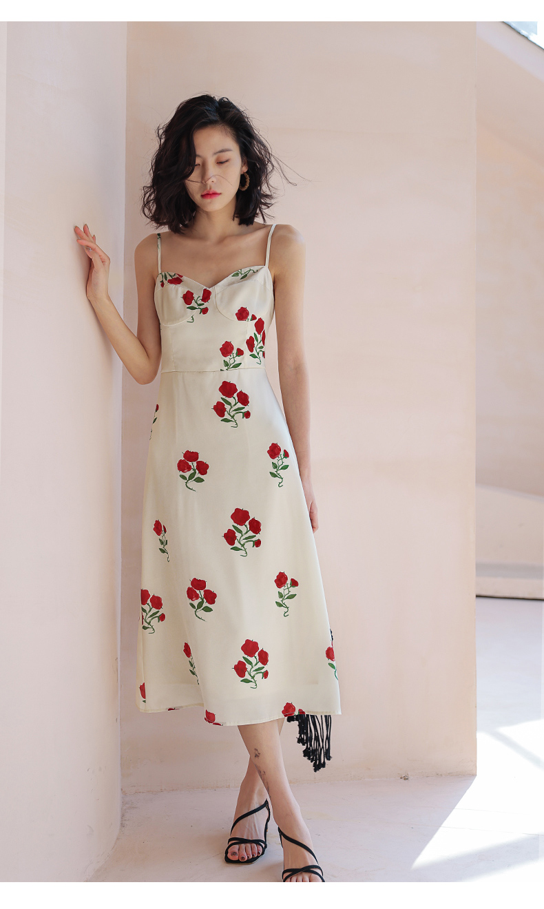 弥古法式复古碎花吊带裙感女夏季玫瑰雪纺连衣裙修身显瘦长裙卡莎玫瑰