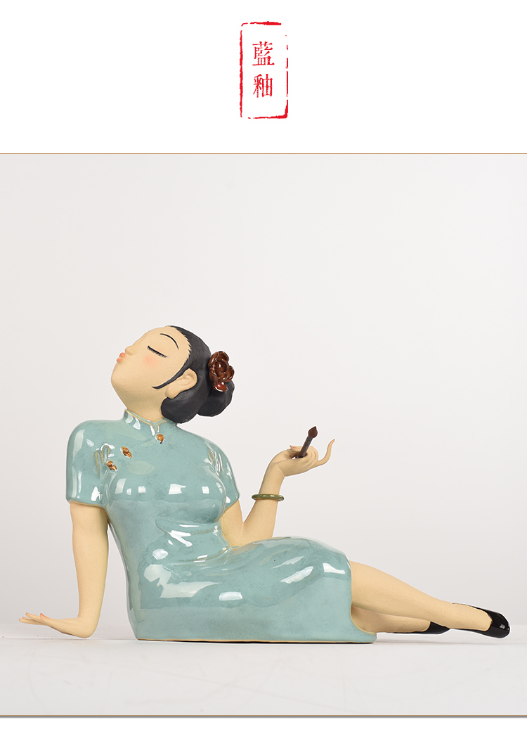 石湾公仔陶瓷古代美女艺术人物摆件客厅电视柜复古工艺品家居饰品蓝釉