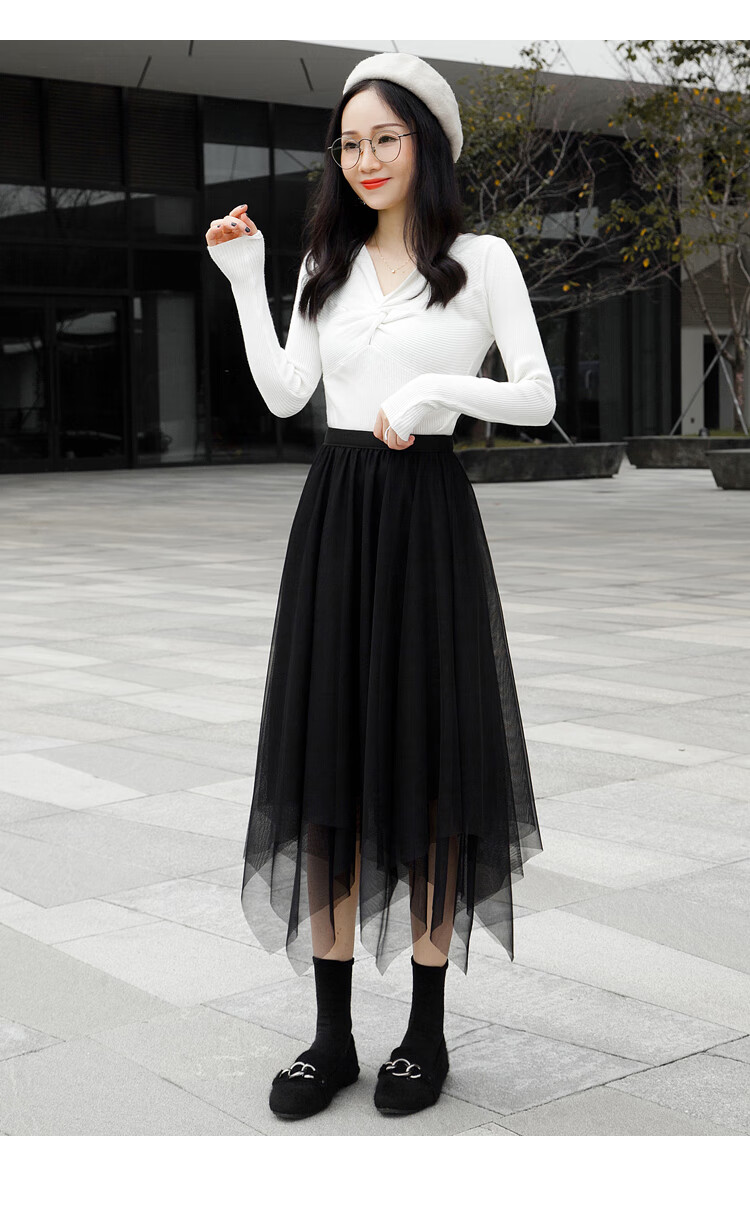 冬天穿的网纱半身裙冬款不规则女秋冬中长款百褶仙女裙高腰显瘦黑纱裙