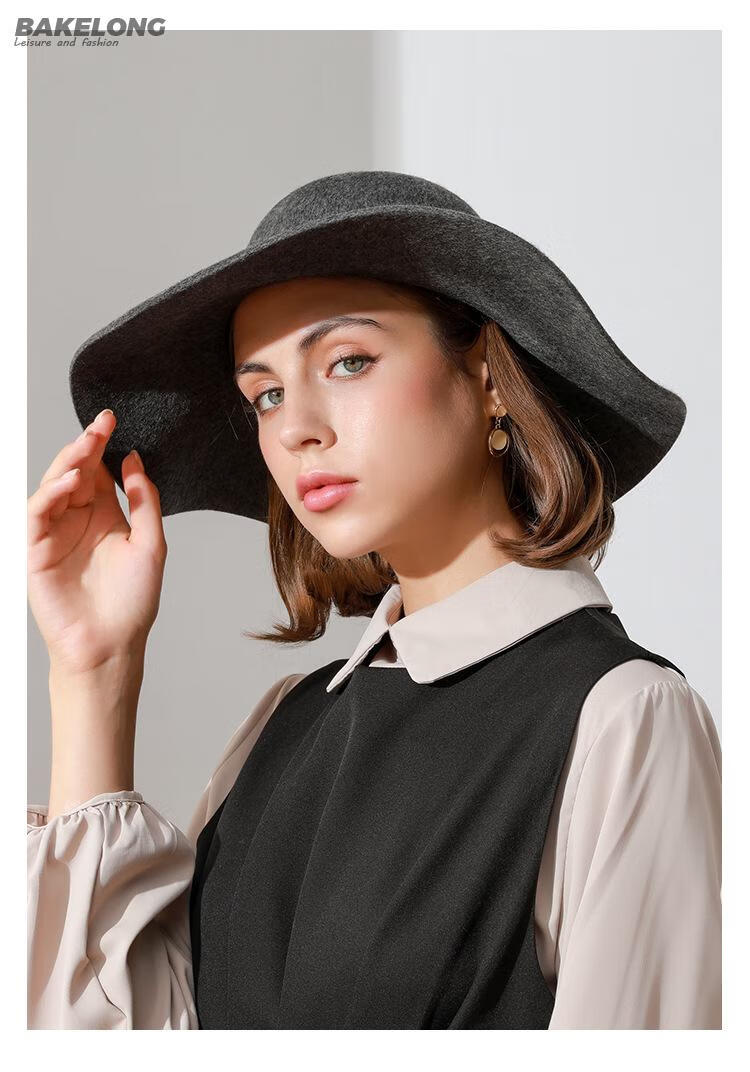 气质淑女圆顶卷边时尚英伦风大檐帽皮带扣礼帽波浪边帽子海军蓝可调节