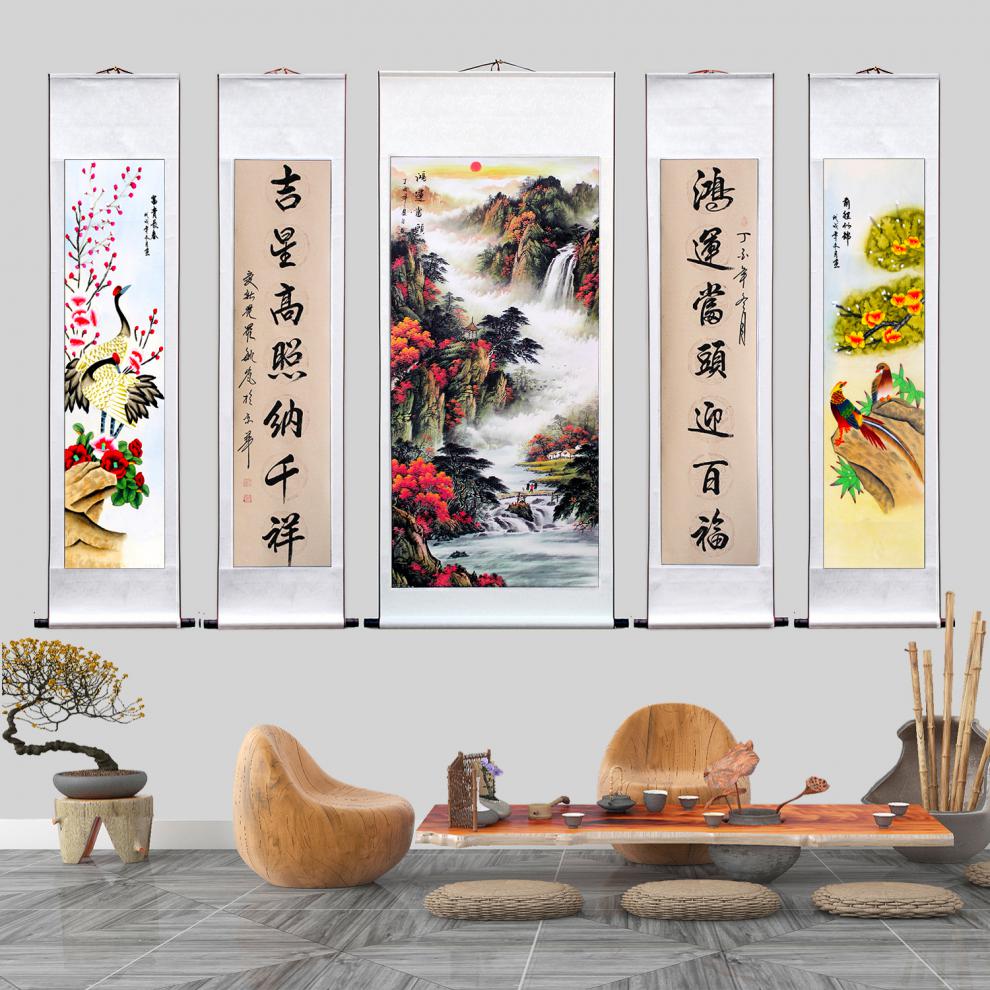 国画山水画靠山聚宝五联壁画五联中堂画鸿运当头画尺寸17070对联17040