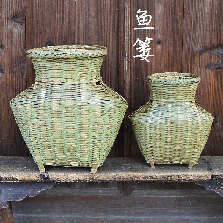 竹编黄鳝笼手工竹编有盖垂钓备用鱼篓采摘篓黄鳝篓仿旧虾笼舞台道具