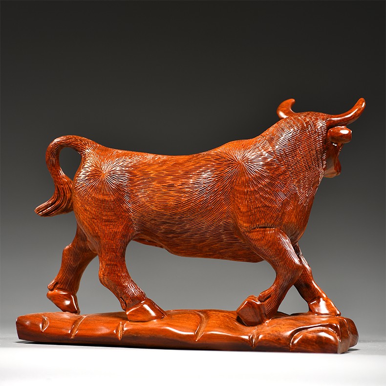 善逸花梨木雕牛摆件工艺品实木牛气冲天生肖牛家居客厅玄关董事长总