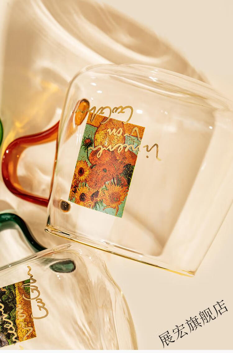 艺术玻璃杯艺术情侣杯梵高联名耐热玻璃杯咖啡牛奶带把男女家用办公室