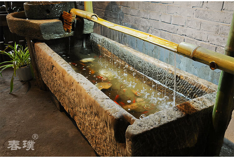 老石槽流水摆件户外庭院石缸景观旧石头鱼缸花盆猪槽阳台水景组合sn