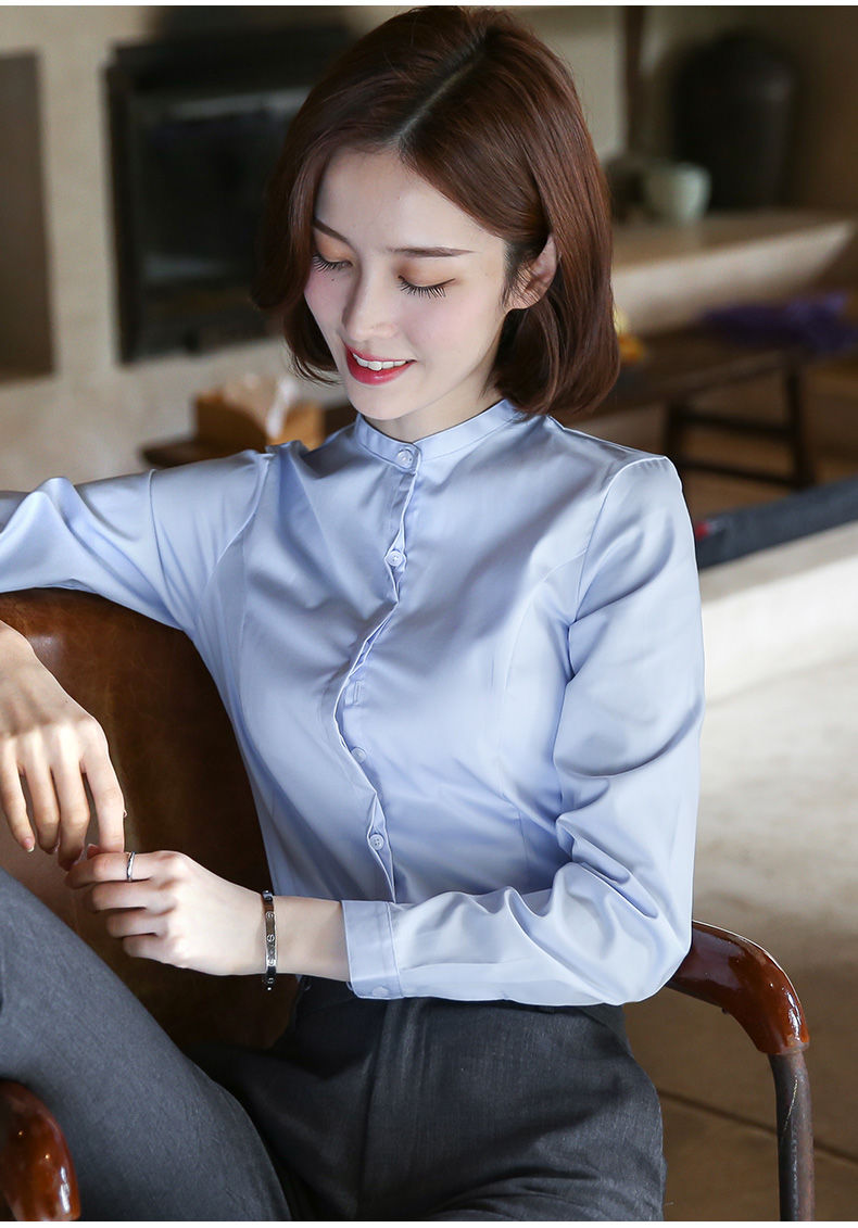 soem原创高端女装小立领衬衫女职业长袖蓝色修身衬衣通勤ol无领正装